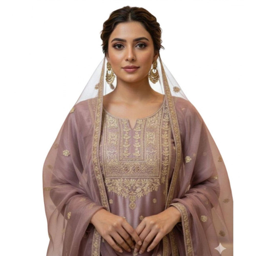 Generic Women's Silk Embroidered 3/4th Sleeve Round Kurti With Sharara Pant and Dupatta Set (Purple) Secondary image