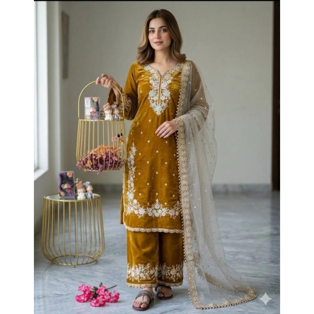 Generic Women's Silk Embroidered 3/4th Sleeve Round Kurti With Palazzo Pant and Dupatta Set (Gold) Main image