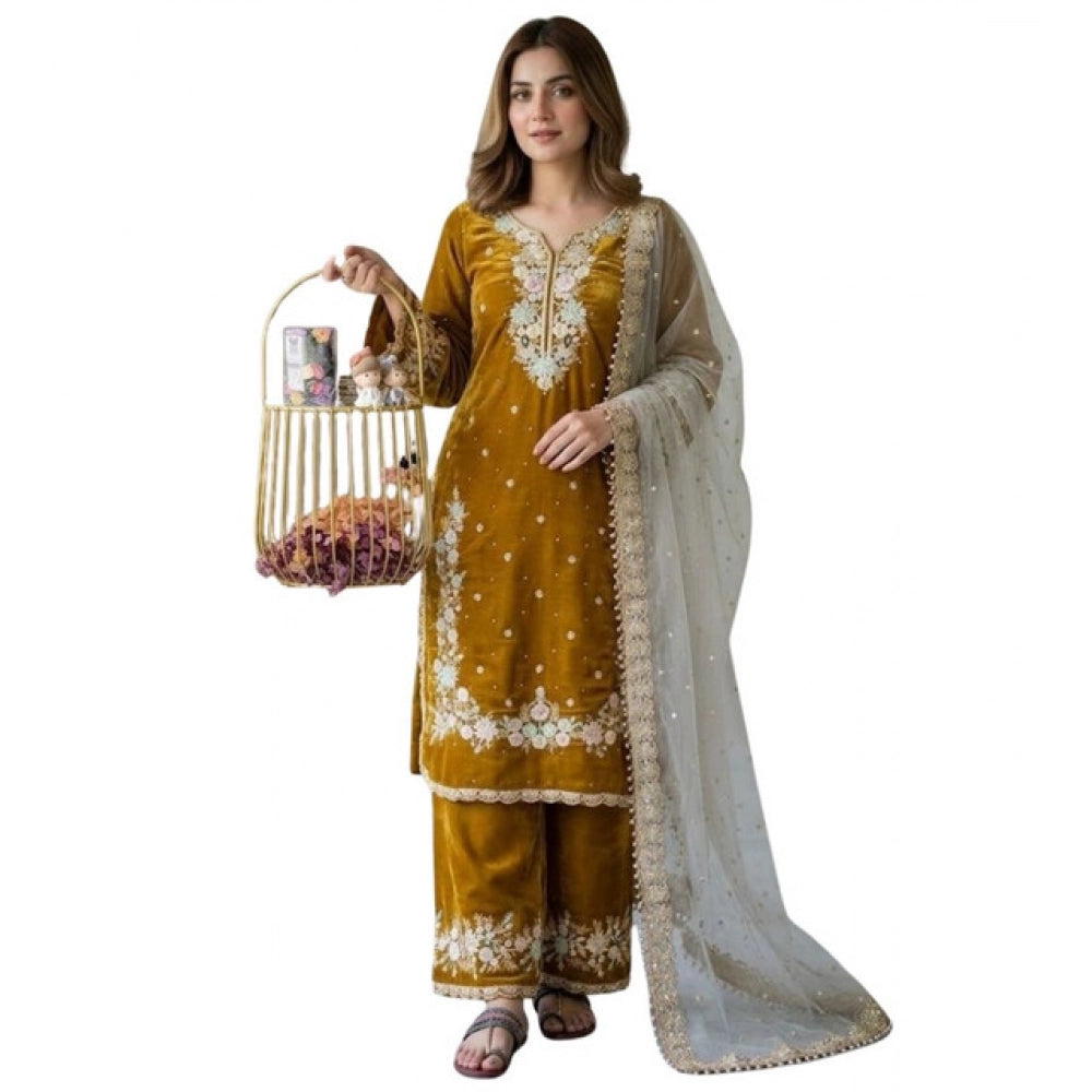Generic Women's Silk Embroidered 3/4th Sleeve Round Kurti With Palazzo Pant and Dupatta Set (Gold) Secondary image