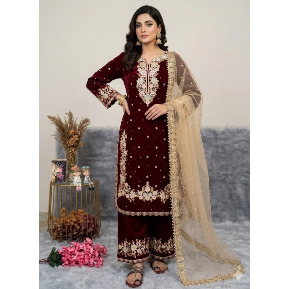 Generic Women's Silk Embroidered 3/4th Sleeve Round Kurti With Palazzo Pant and Dupatta Set (Maroon) Main image
