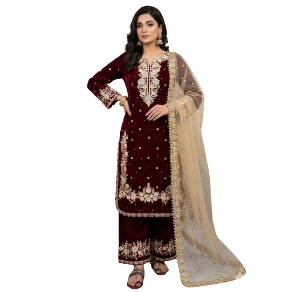 Generic Women's Silk Embroidered 3/4th Sleeve Round Kurti With Palazzo Pant and Dupatta Set (Maroon) Secondary image