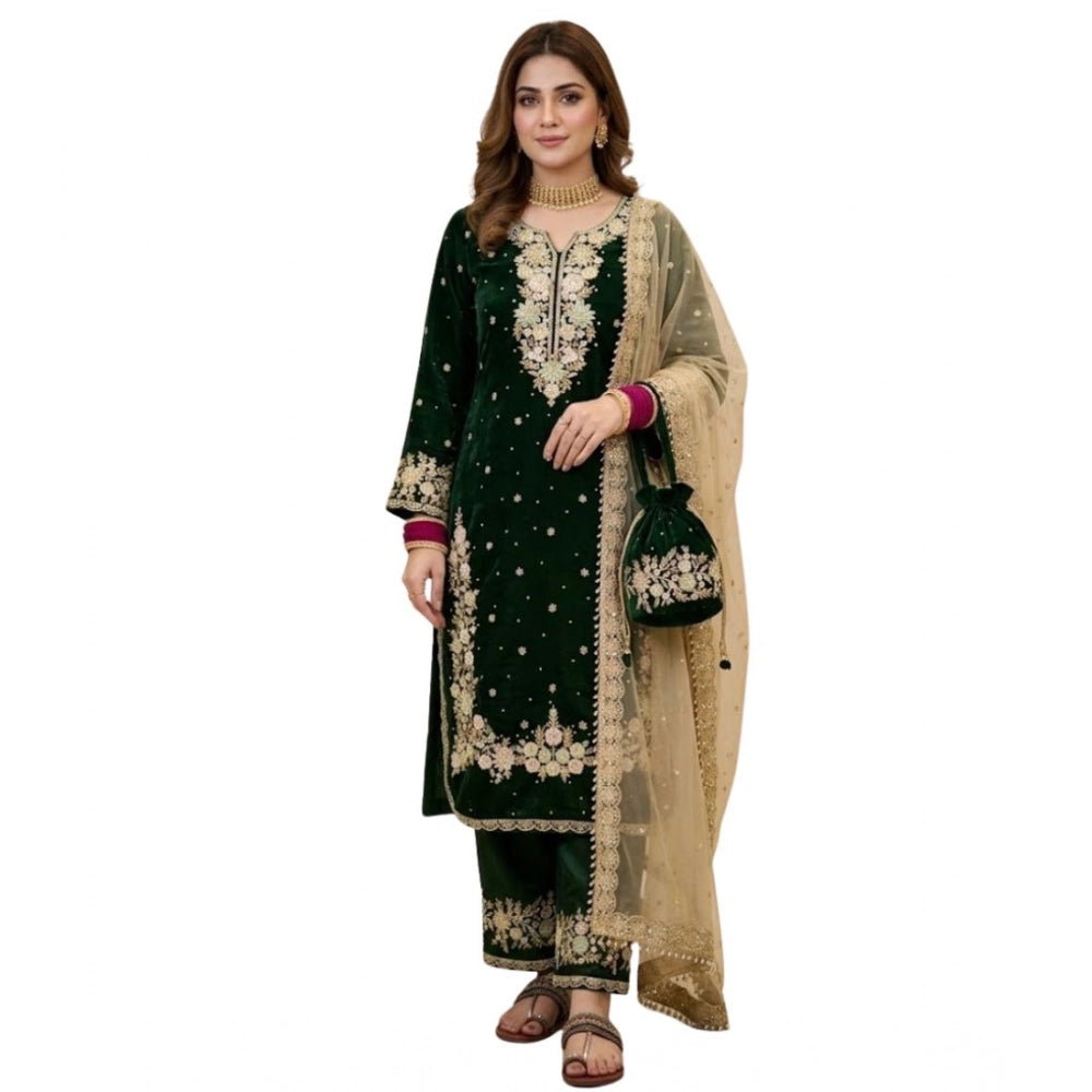 Generic Women's Silk Embroidered 3/4th Sleeve Round Kurti With Palazzo Pant and Dupatta Set (Dark Green) Secondary image
