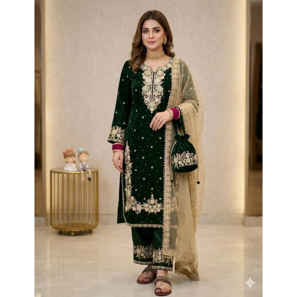 Generic Women's Silk Embroidered 3/4th Sleeve Round Kurti With Palazzo Pant and Dupatta Set (Dark Green) Main image