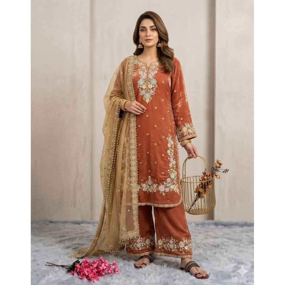 Generic Women's Silk Embroidered 3/4th Sleeve Round Kurti With Palazzo Pant and Dupatta Set (Orange) Main image