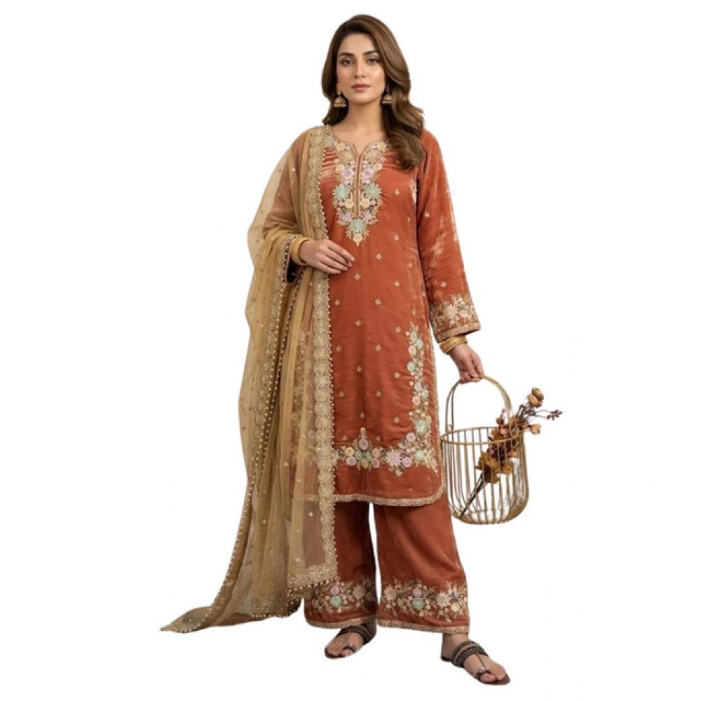 Generic Women's Silk Embroidered 3/4th Sleeve Round Kurti With Palazzo Pant and Dupatta Set (Orange) Secondary image