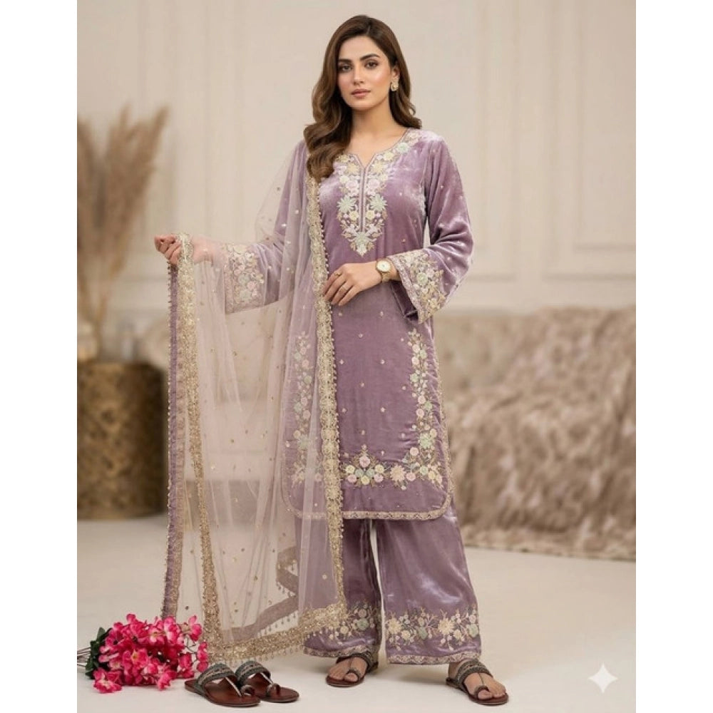 Generic Women's Silk Embroidered 3/4th Sleeve Round Kurti With Palazzo Pant and Dupatta Set (Lavender) Main image