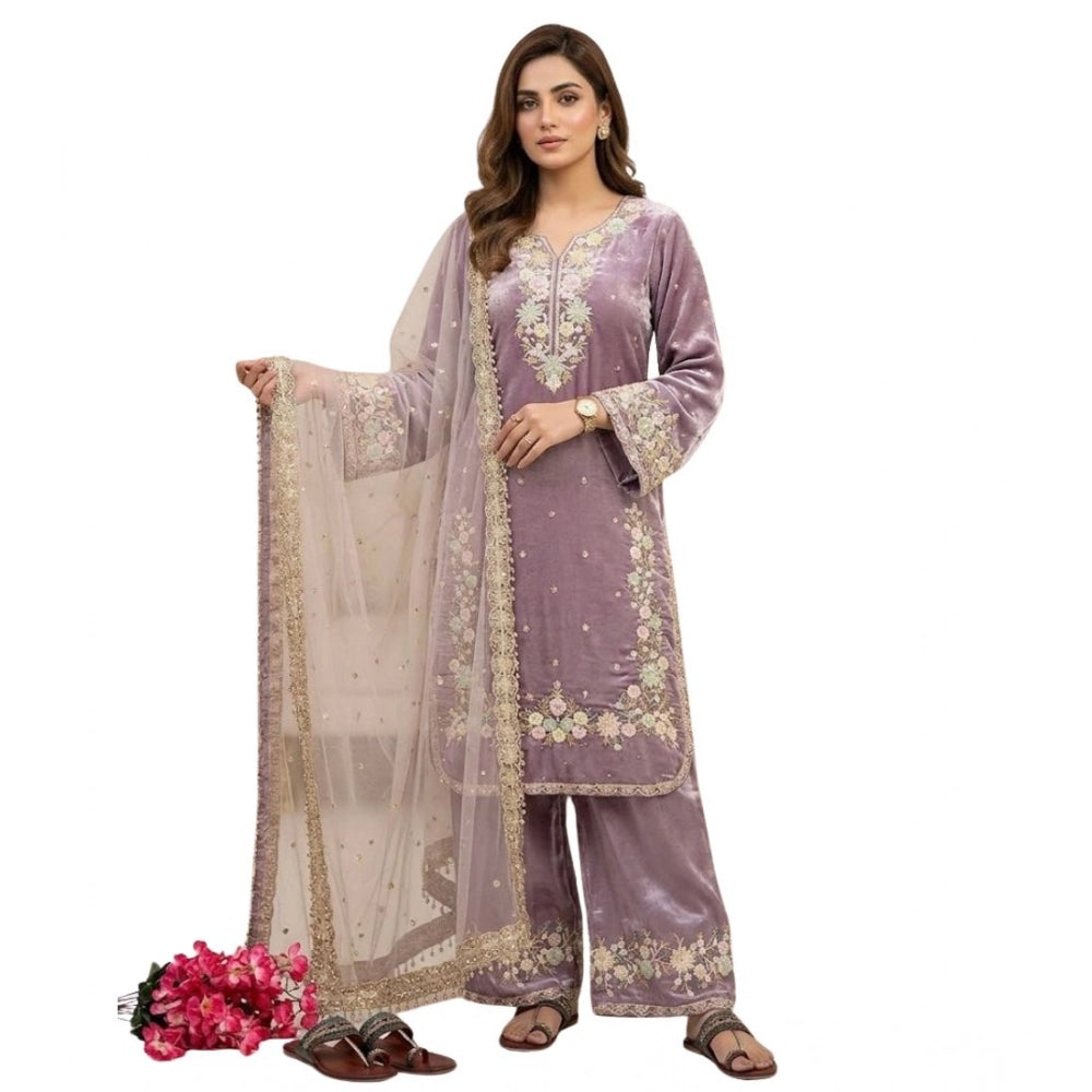 Generic Women's Silk Embroidered 3/4th Sleeve Round Kurti With Palazzo Pant and Dupatta Set (Lavender) Secondary image