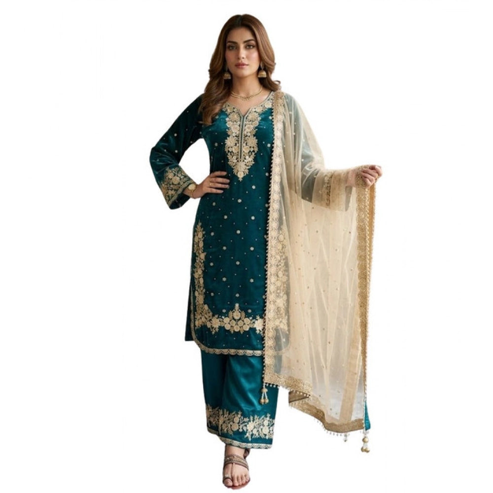 Generic Women's Silk Embroidered 3/4th Sleeve Round Kurti With Palazzo Pant and Dupatta Set (Teal) Secondary image