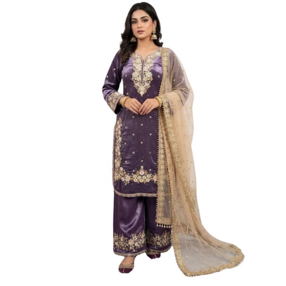 Generic Women's Silk Embroidered 3/4th Sleeve Round Kurti With Palazzo Pant and Dupatta Set (Purple) Secondary image