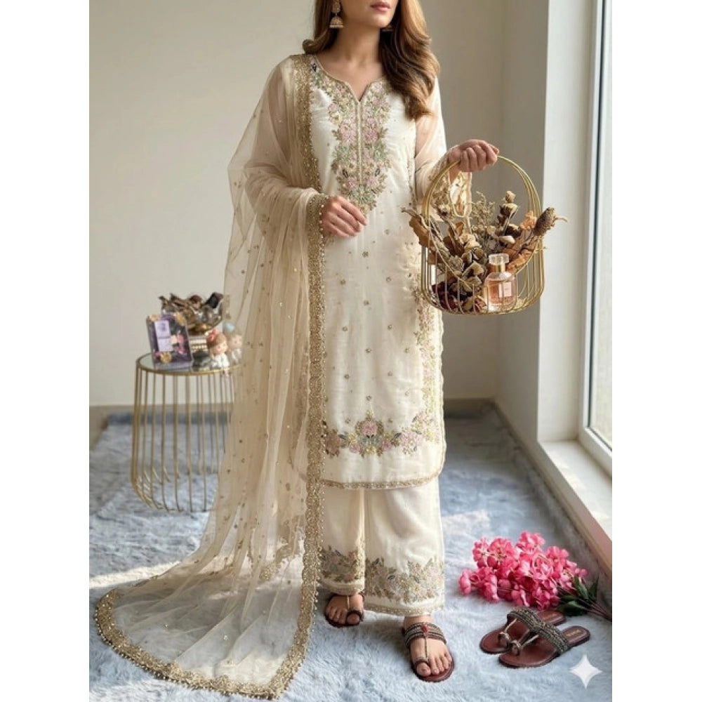 Generic Women's Silk Embroidered 3/4th Sleeve Round Kurti With Palazzo Pant and Dupatta Set (White) Main image