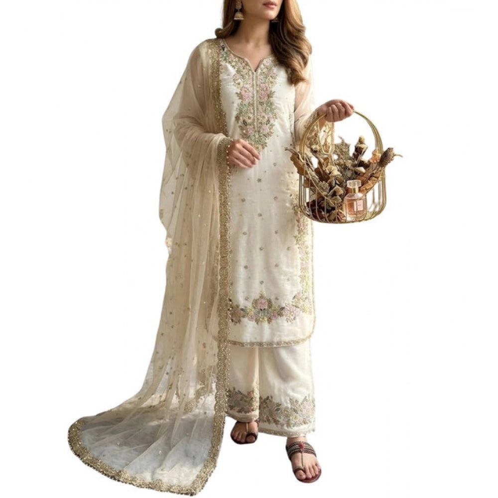 Generic Women's Silk Embroidered 3/4th Sleeve Round Kurti With Palazzo Pant and Dupatta Set (White) Secondary image