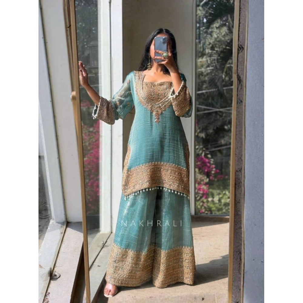 Generic Women's Silk Embroidered 3/4th Sleeve Round Kurti With Sharara Pant and Dupatta Set (Sea Green) Main image