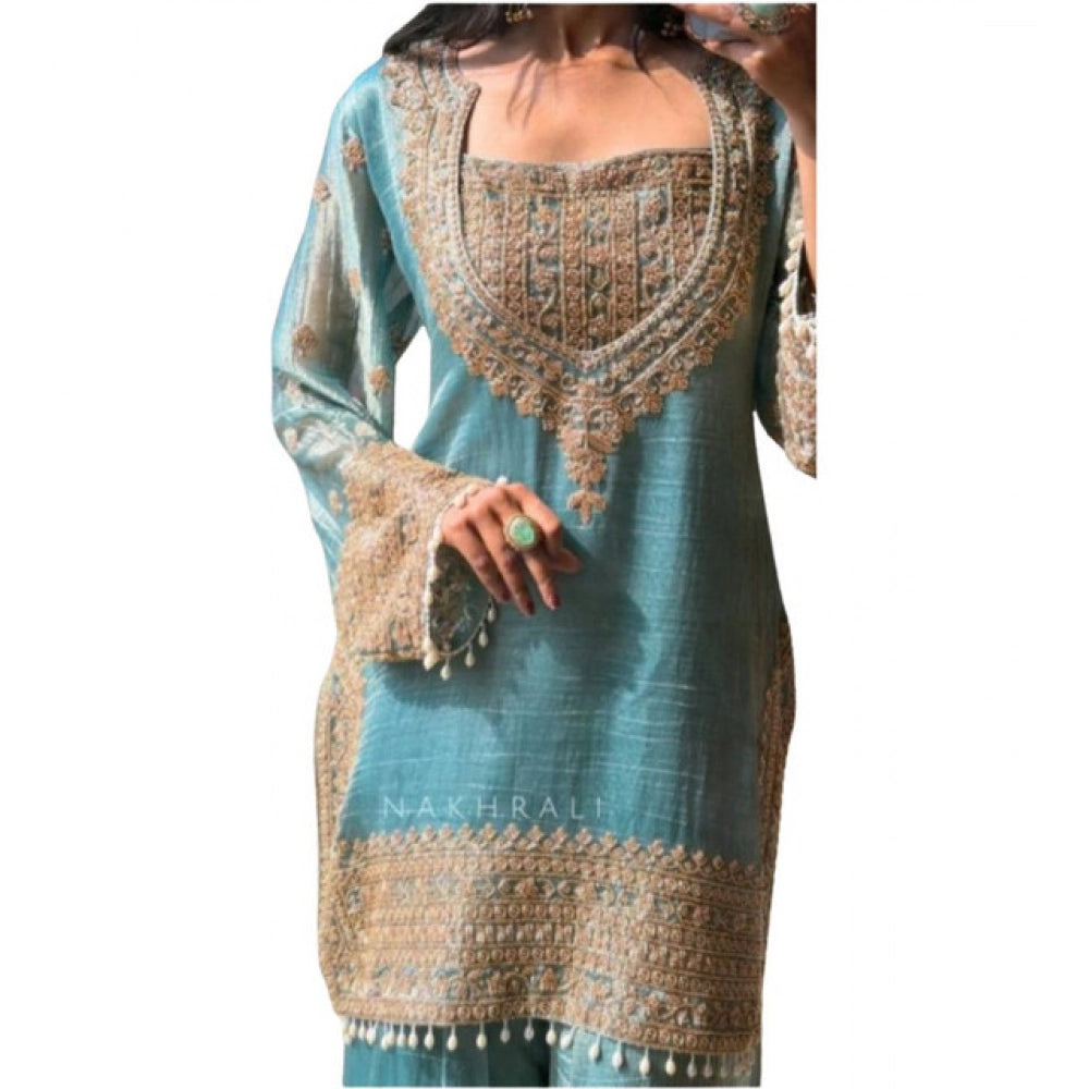 Generic Women's Silk Embroidered 3/4th Sleeve Round Kurti With Sharara Pant and Dupatta Set (Sea Green) Secondary image