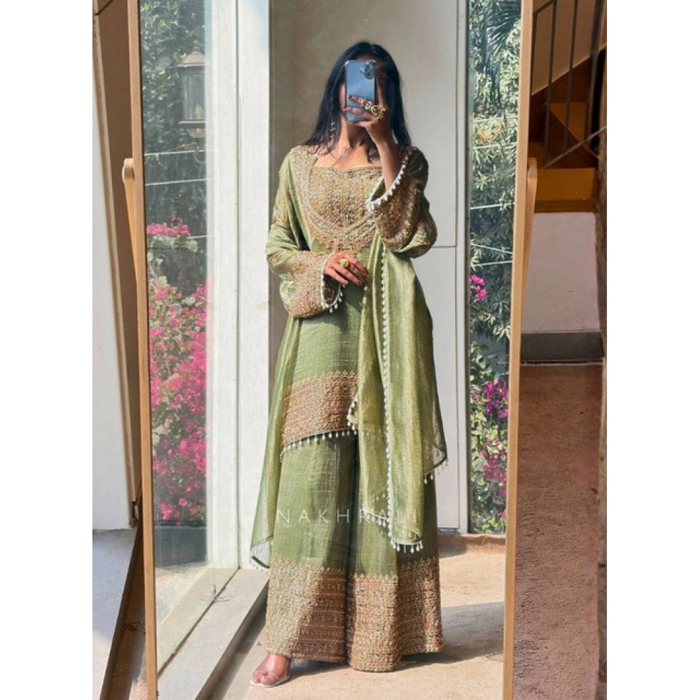 Generic Women's Silk Embroidered 3/4th Sleeve Round Kurti With Sharara Pant and Dupatta Set (Green) Main image