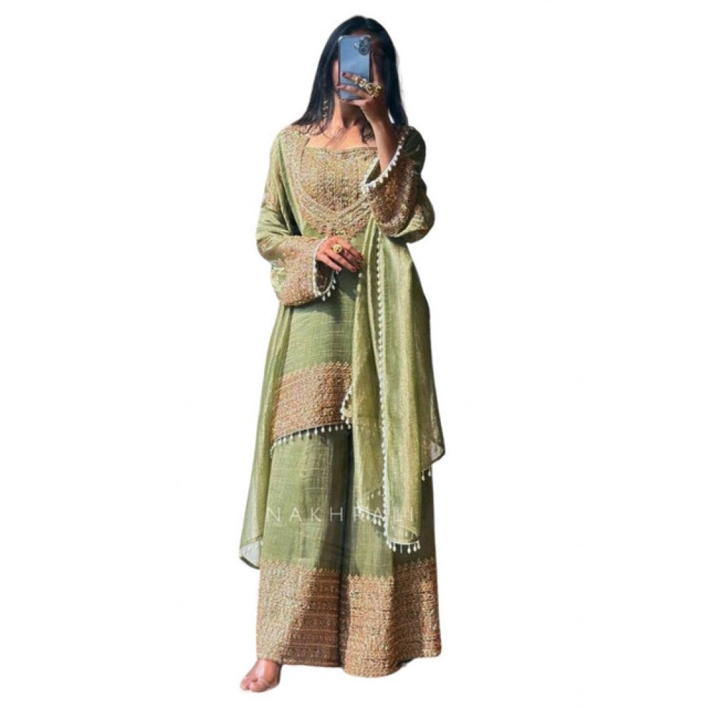 Generic Women's Silk Embroidered 3/4th Sleeve Round Kurti With Sharara Pant and Dupatta Set (Green) Secondary image