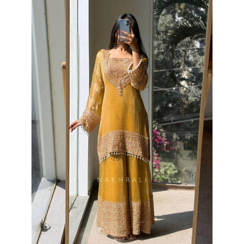 Generic Women's Silk Embroidered 3/4th Sleeve Round Kurti With Sharara Pant and Dupatta Set (Yellow) Main image