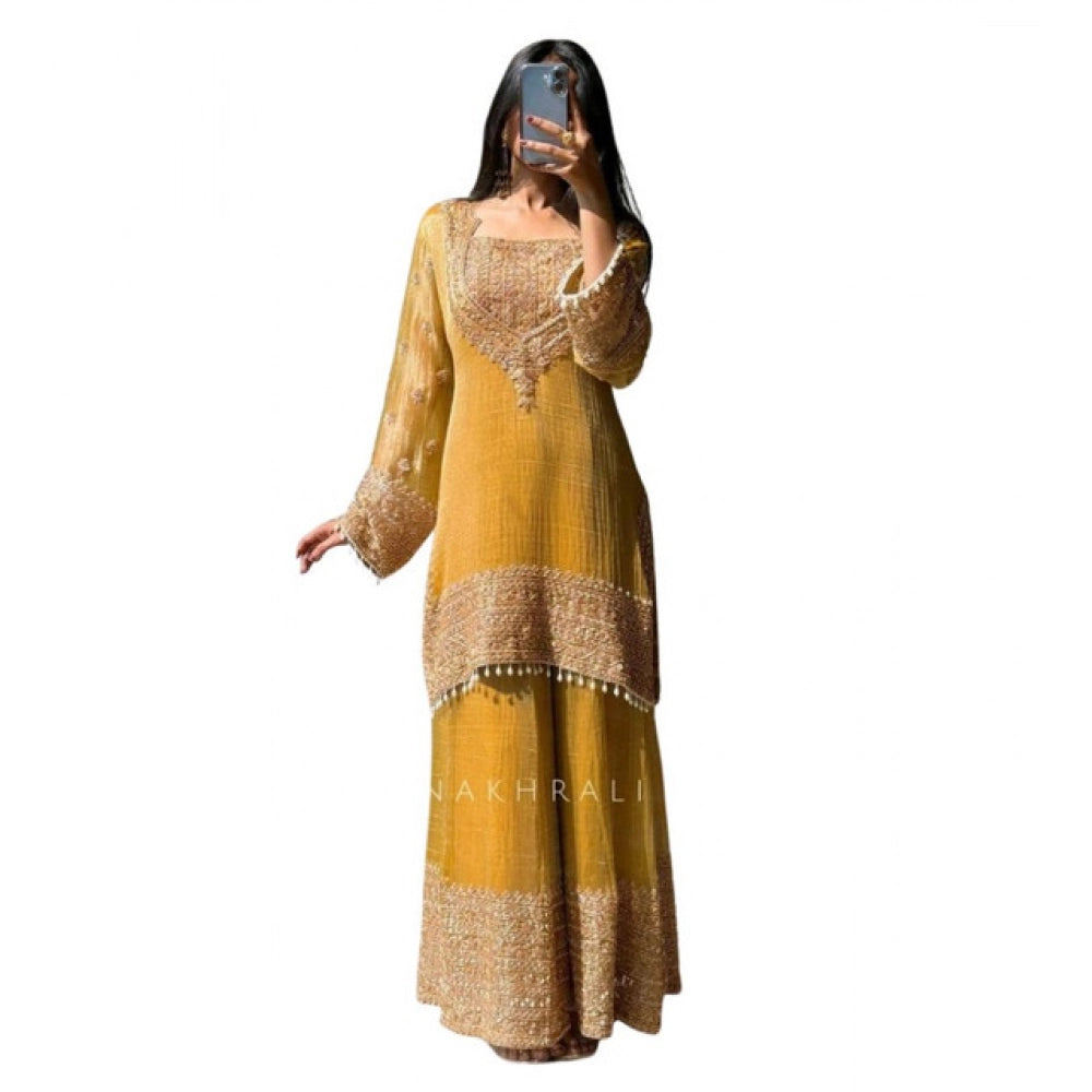 Generic Women's Silk Embroidered 3/4th Sleeve Round Kurti With Sharara Pant and Dupatta Set (Yellow) Secondary image
