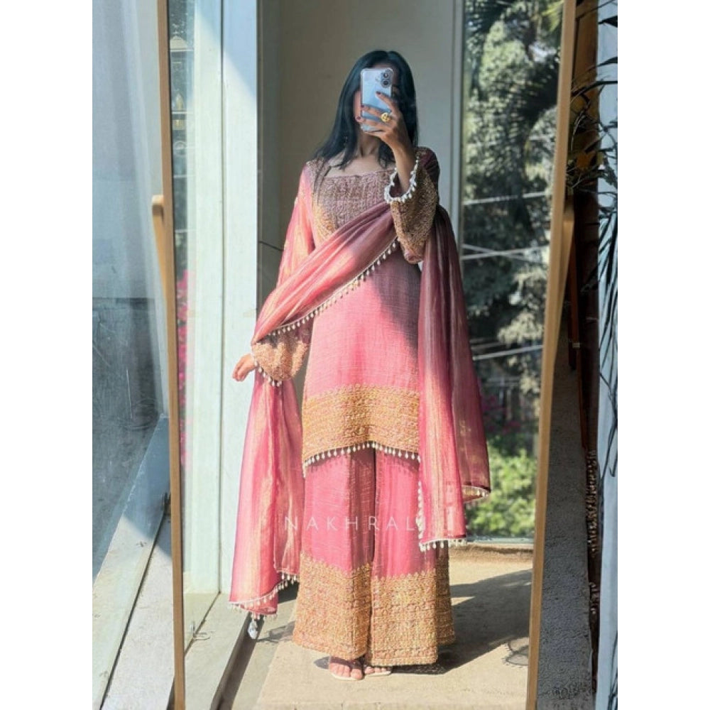 Generic Women's Silk Embroidered 3/4th Sleeve Round Kurti With Sharara Pant and Dupatta Set (Pink) Main image