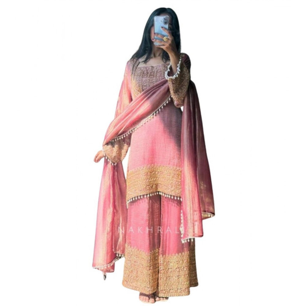 Generic Women's Silk Embroidered 3/4th Sleeve Round Kurti With Sharara Pant and Dupatta Set (Pink) Secondary image