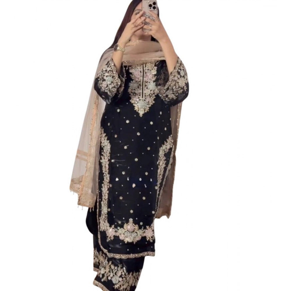 Generic Women's Silk Embroidered 3/4th Sleeve Round Readymade Kurti With Palazzo Pant and Dupatta Set (Black) Secondary image