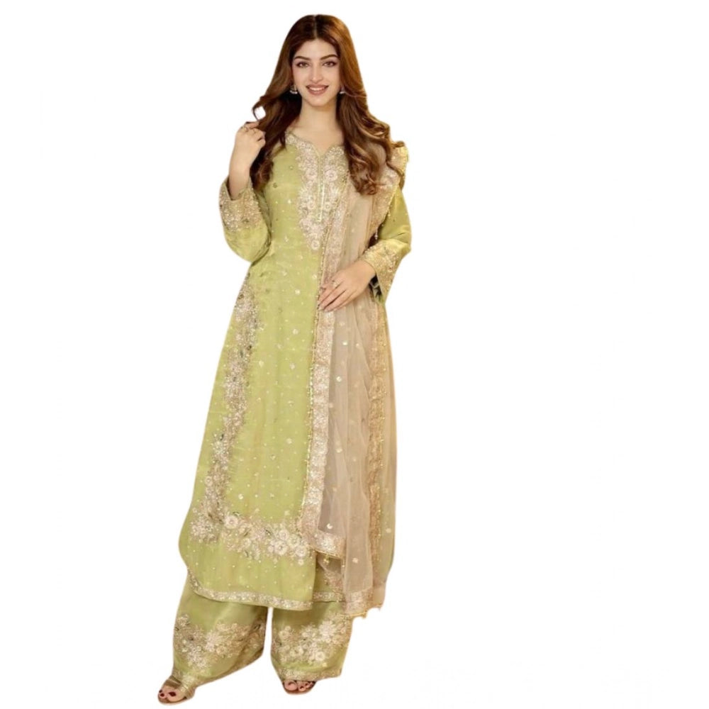 Generic Women's Silk Embroidered 3/4th Sleeve Round Readymade Kurti With Palazzo Pant and Dupatta Set (Pista) Secondary image