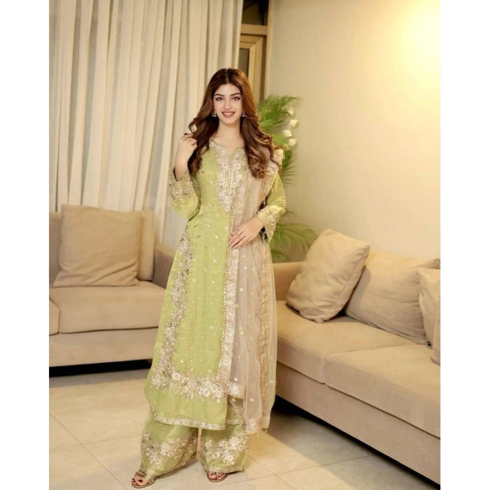 Generic Women's Silk Embroidered 3/4th Sleeve Round Readymade Kurti With Palazzo Pant and Dupatta Set (Pista) Main image