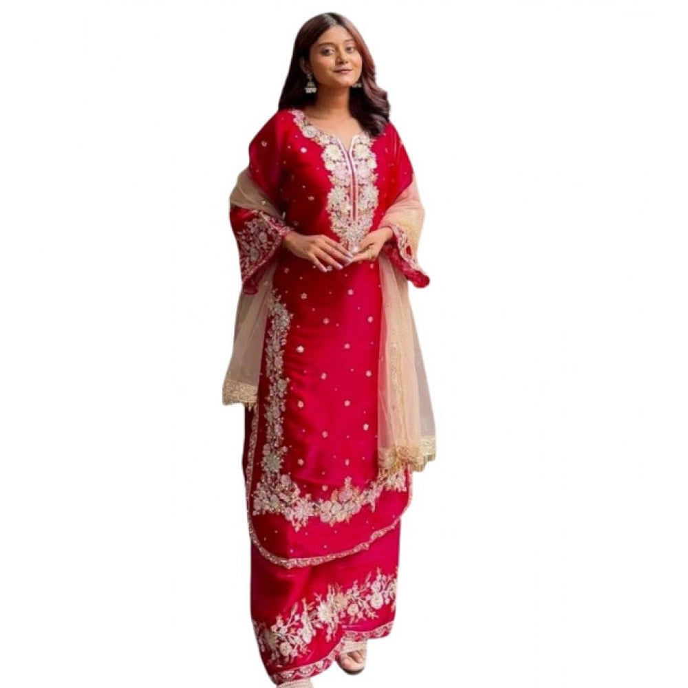 Generic Women's Silk Embroidered 3/4th Sleeve Round Readymade Kurti With Palazzo Pant and Dupatta Set (Red) Secondary image