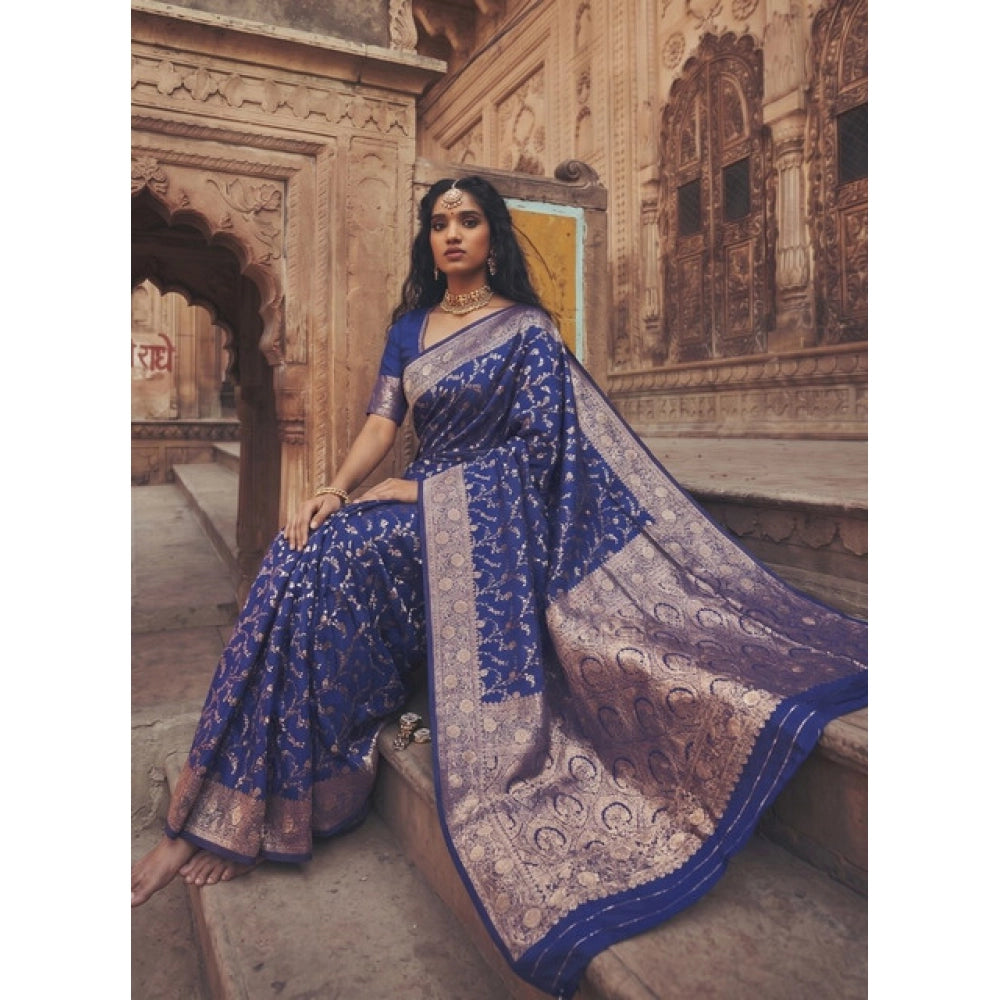 Generic Women's Art Silk Printed Saree With Unstitched Blouse 5.5Mtr (Navy Blue) Main image