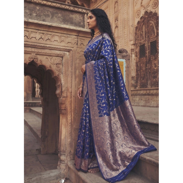 Generic Women's Art Silk Printed Saree With Unstitched Blouse 5.5Mtr (Navy Blue)