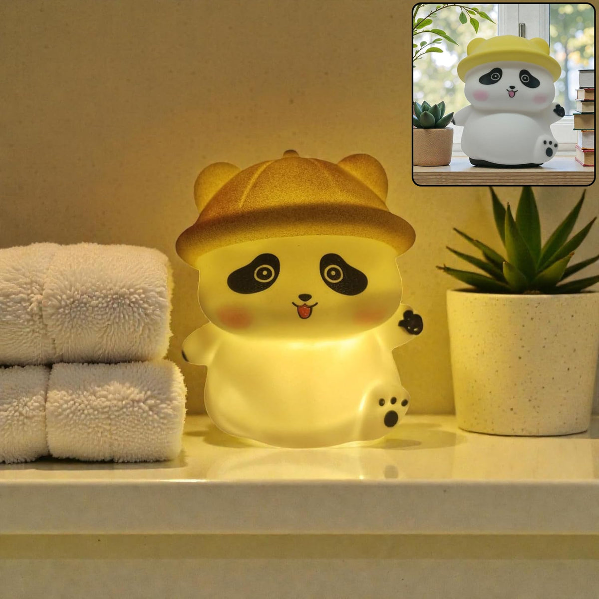 Panda with hat LED night light, cute silicone bedside lamp for kids (1 pc) Main image
