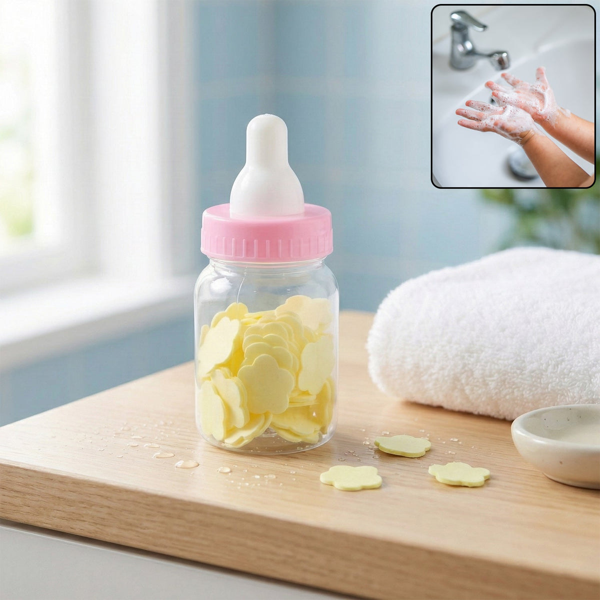 Portable baby bottle soap paper sheets set in a compact container for hand hygiene Main image