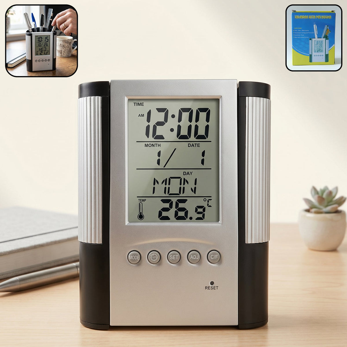Digital desk clock with pen holder on workspace Main image