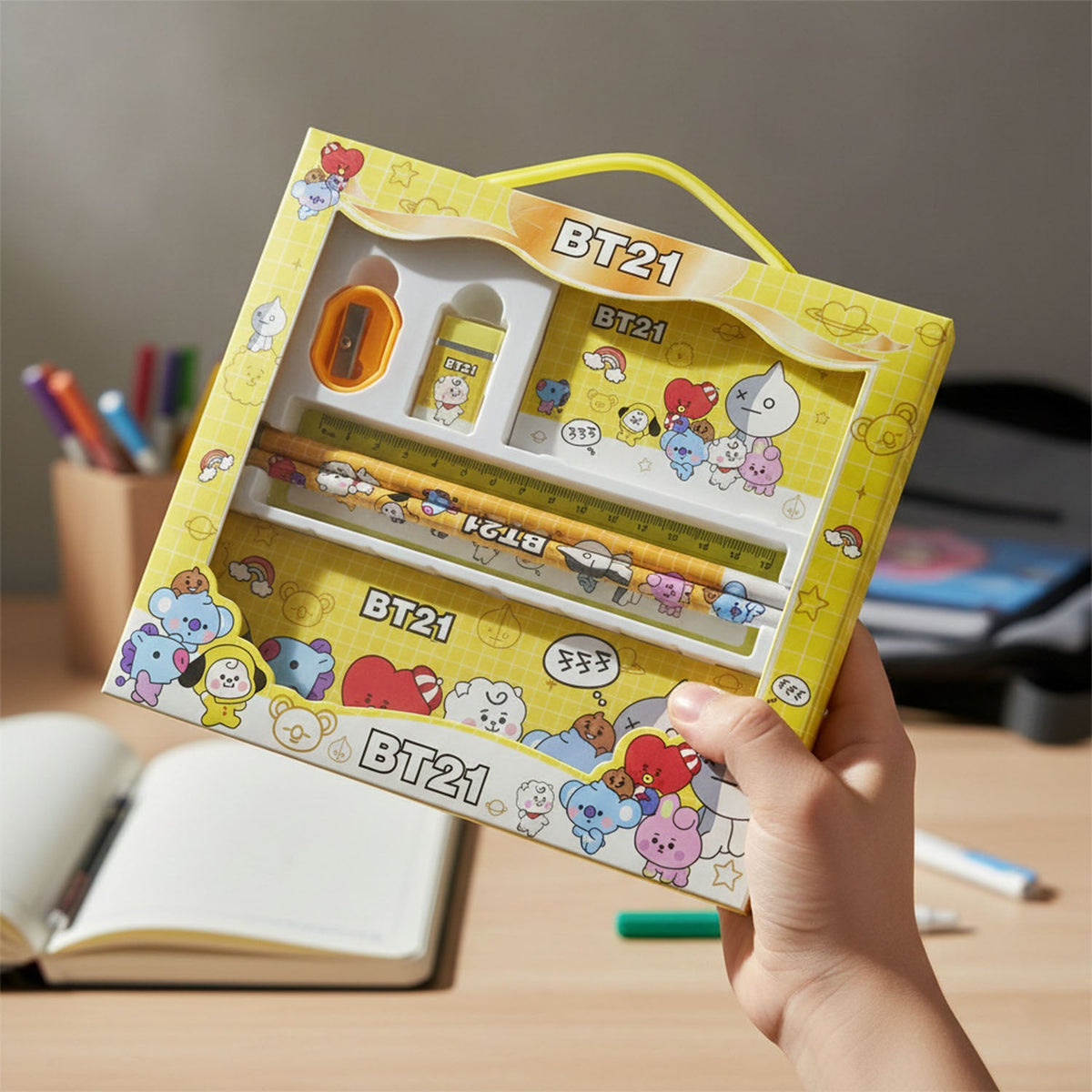 Cartoon printed metal pencil box with ruler, pencils, eraser and sharpener Main image