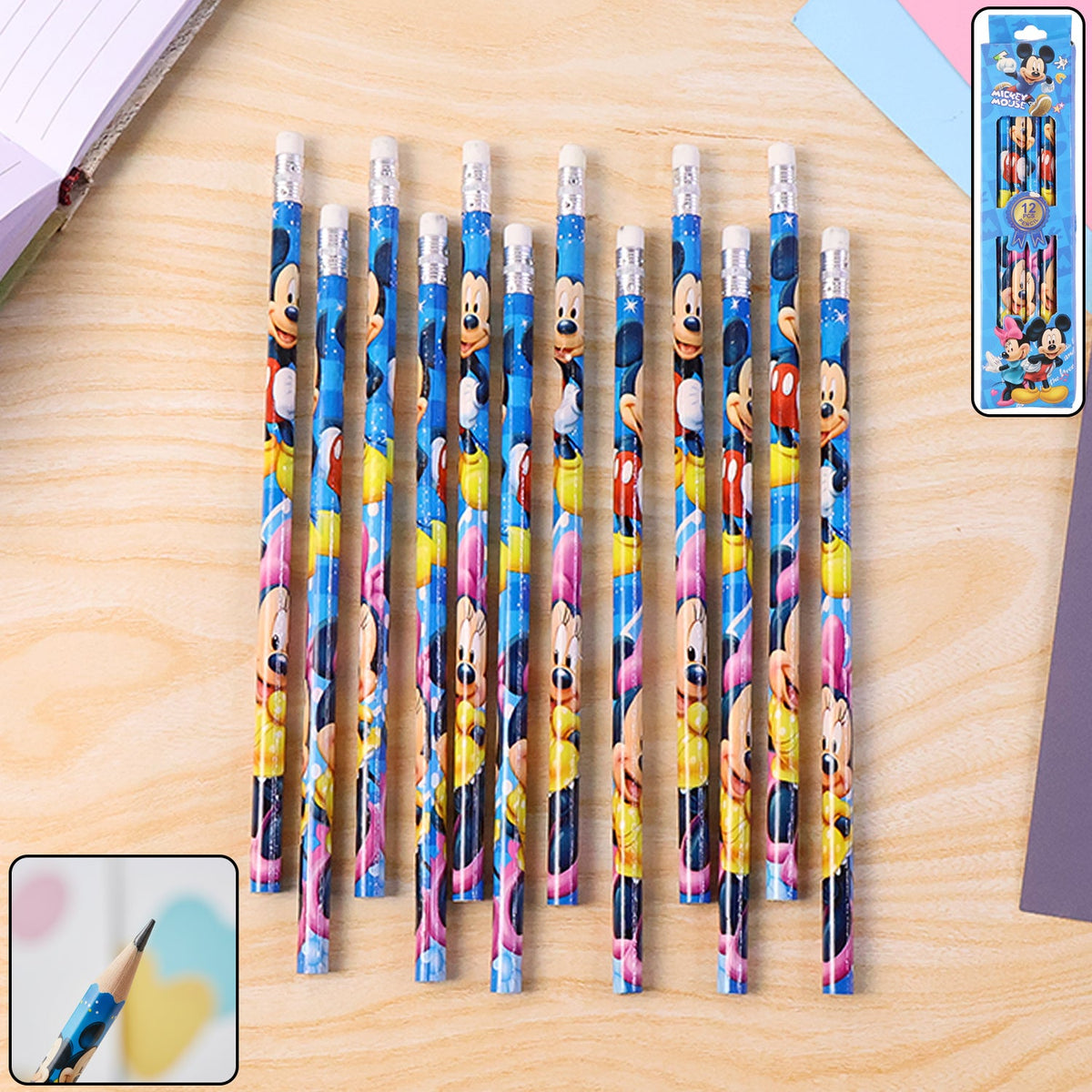 Set of 12 cartoon-printed graphite pencils with colorful character designs for kids Main image