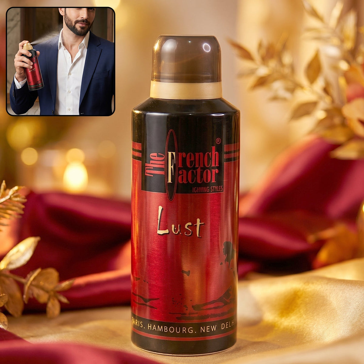 French Factor Lust Red deodorant body spray in a 150 ML bottle with a sleek design Main image