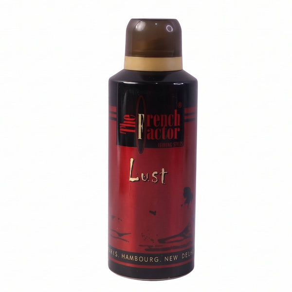 Packaged French Factor Lust Red deodorant spray on a grooming shelf with branding