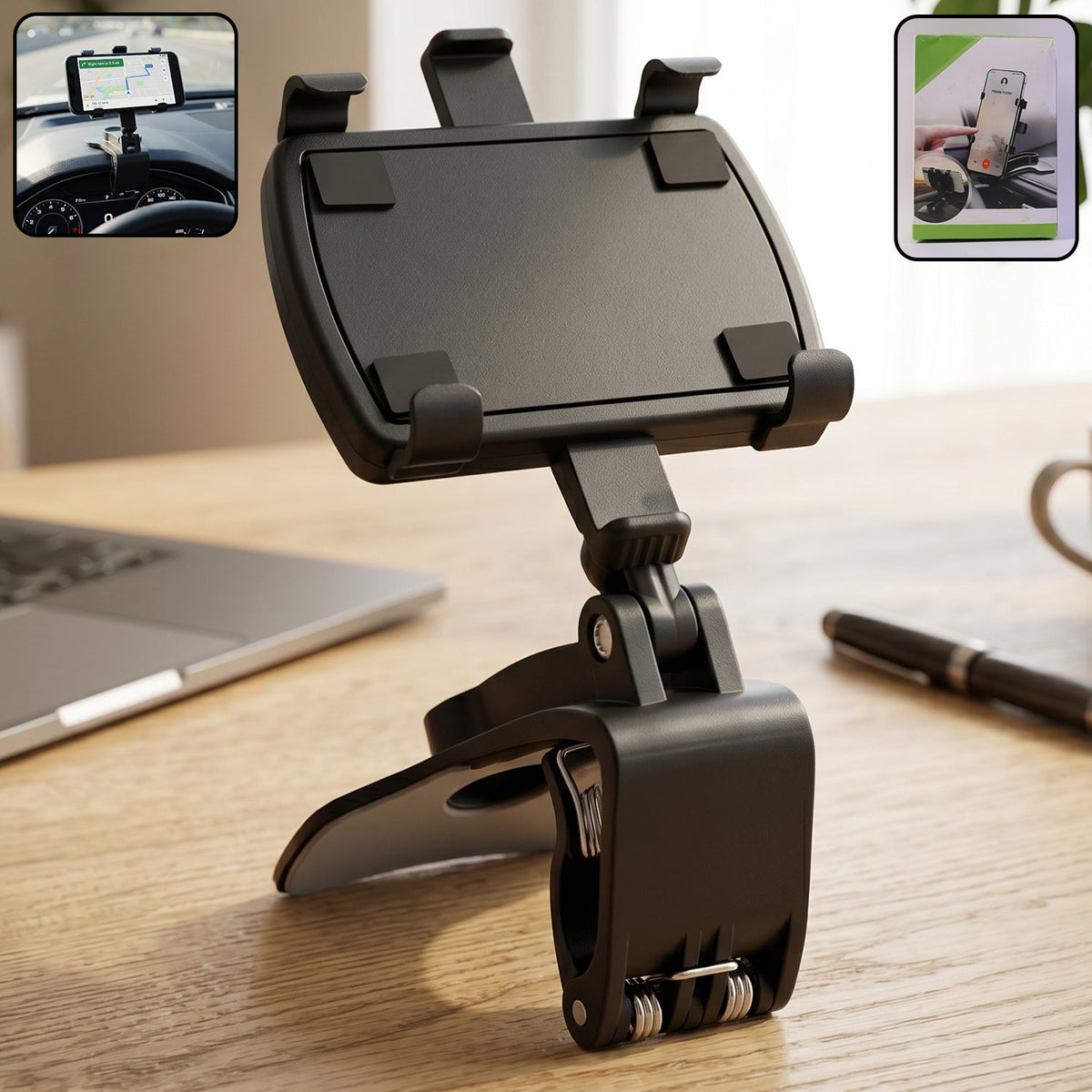 Car dashboard mobile phone holder with 360-degree rotation and firm clip mount Main image