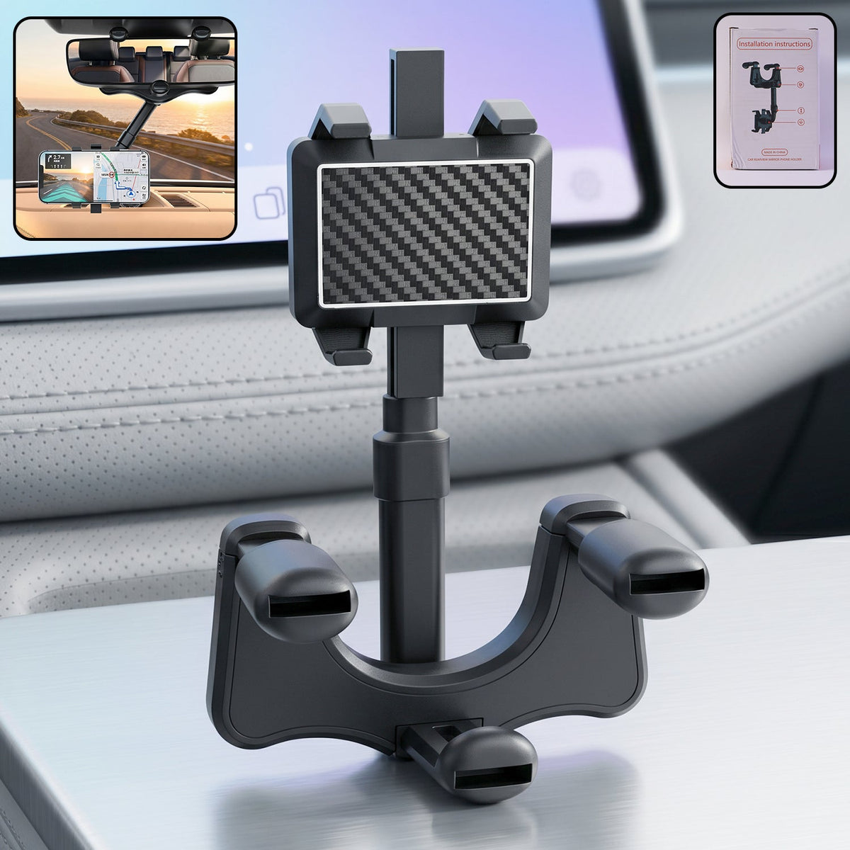 Car rear view mirror phone holder clip securely onto mirror with adjustable rotating head Main image