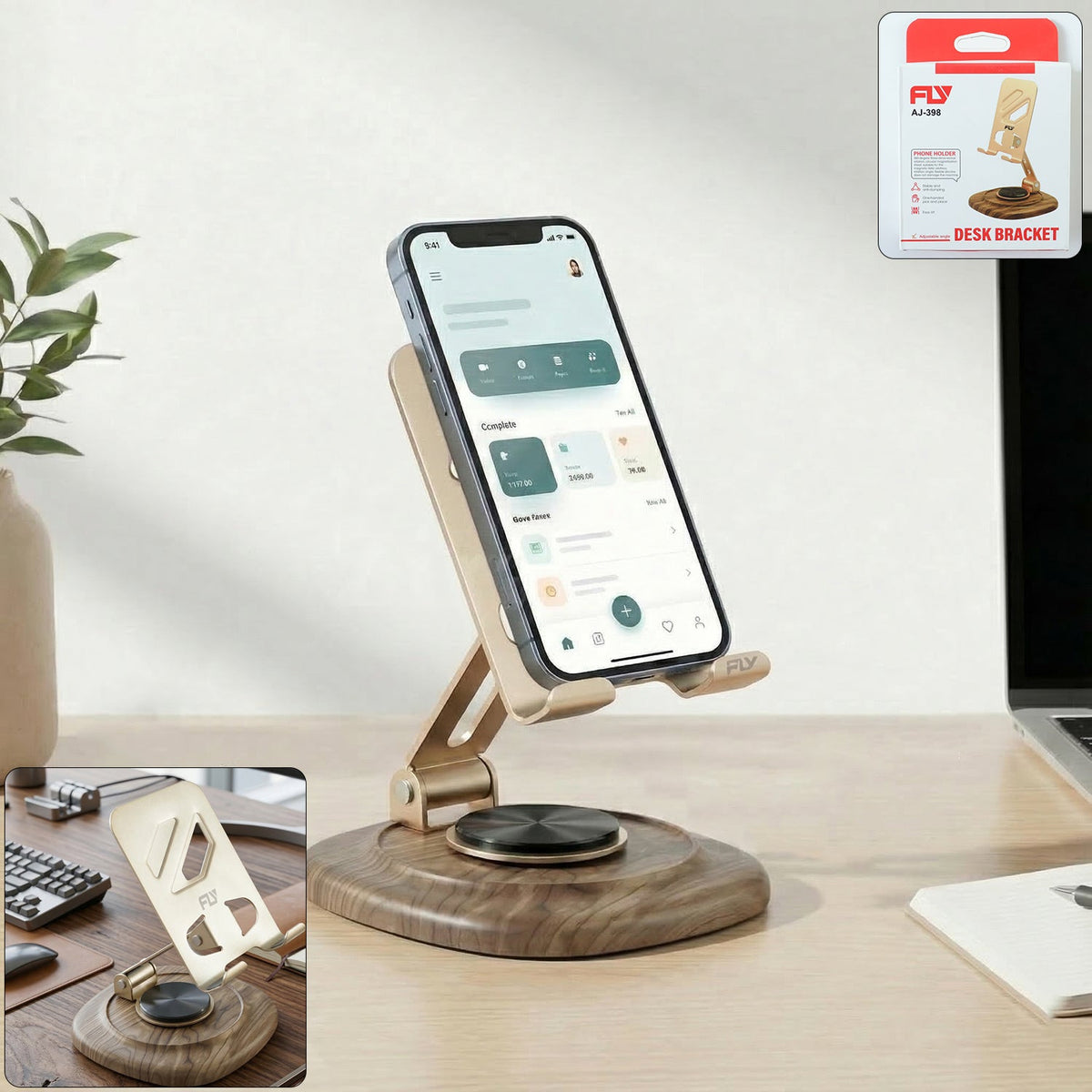 Adjustable metal mobile phone stand with plastic base on a desk Main image