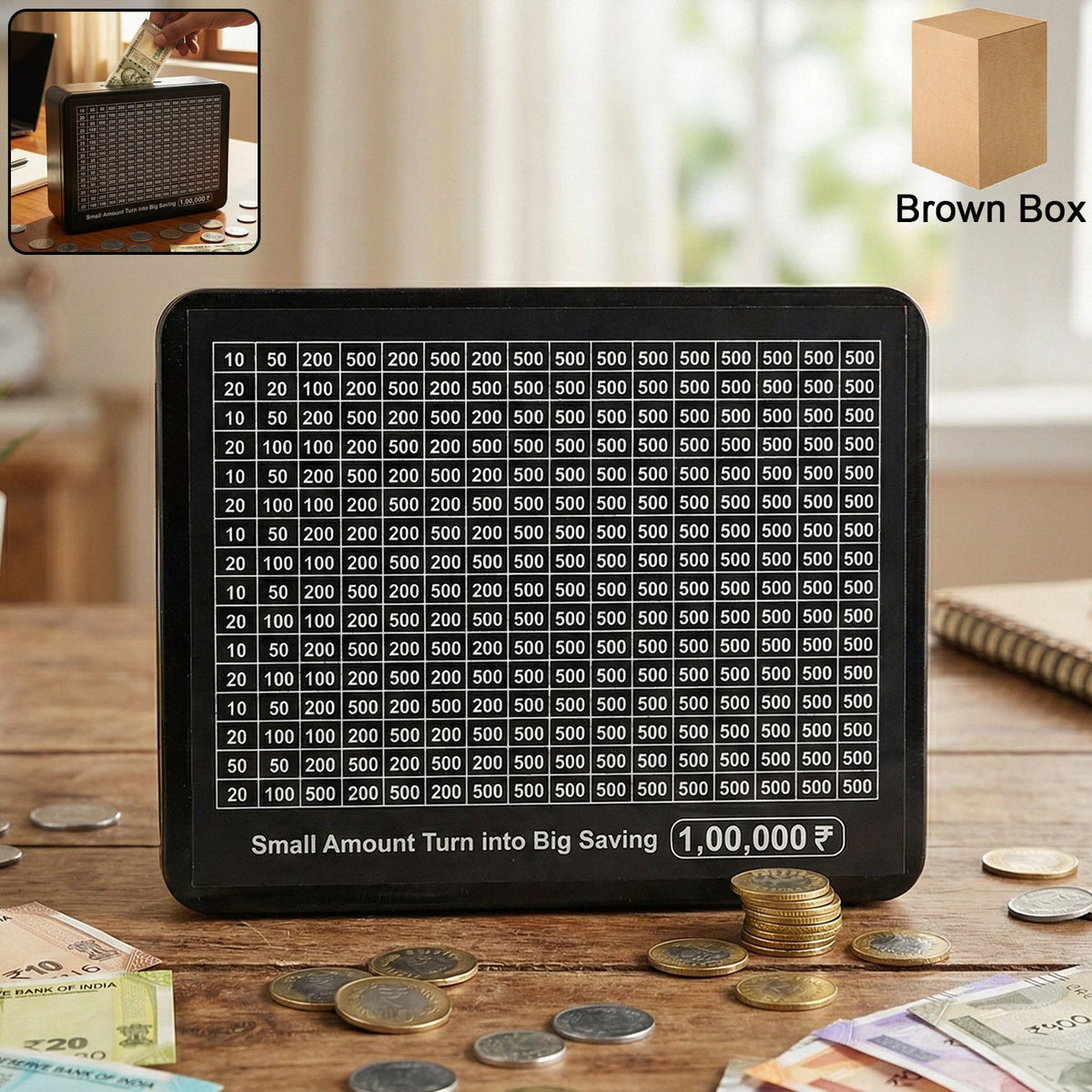 Reusable savings tracker money box with printed goal chart on front Main image