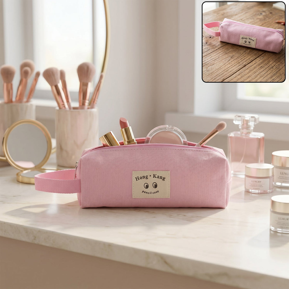 Pink multipurpose zipper pouch organizer for cosmetics and essentials Main image