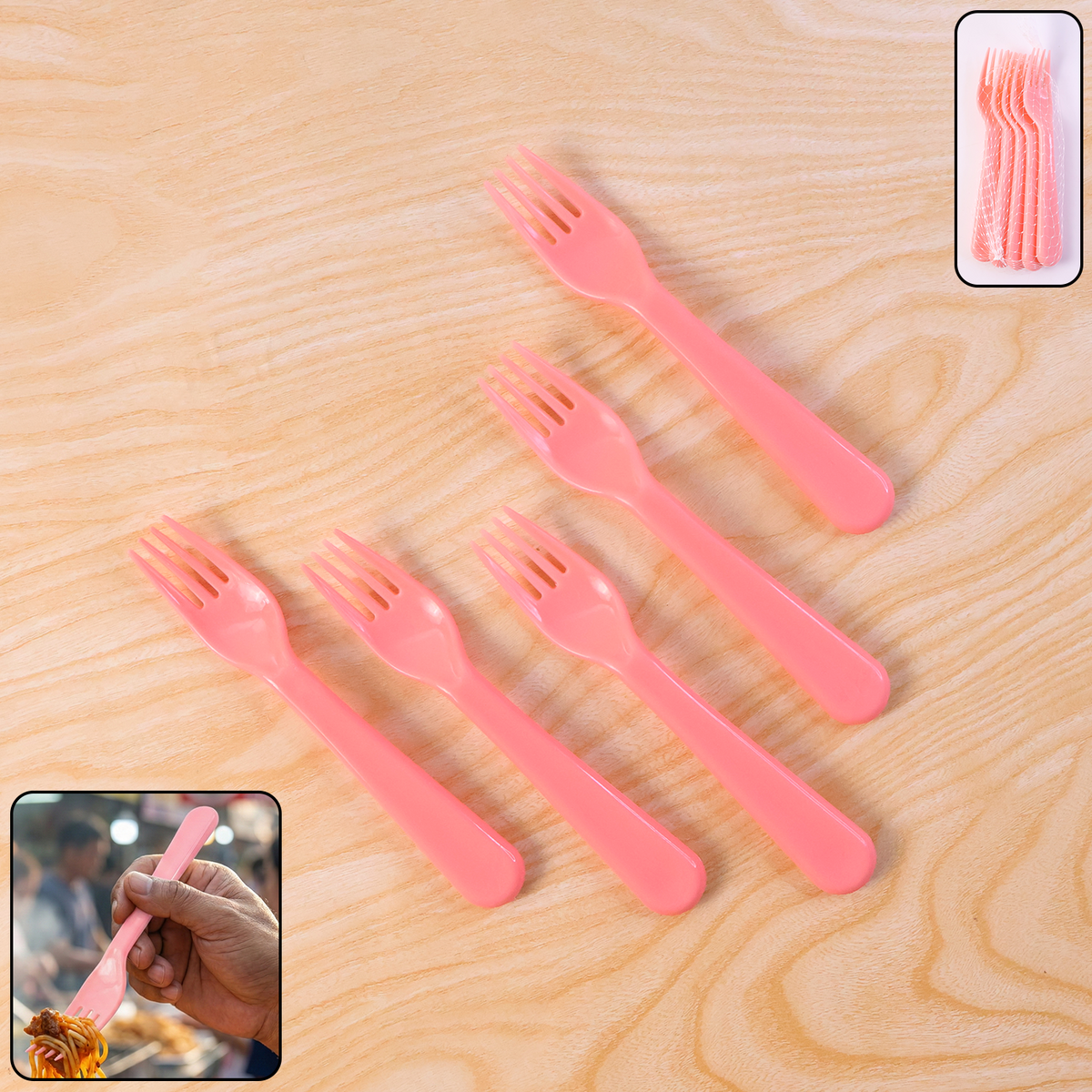 Pink plastic fork spoon set for kids. Main image