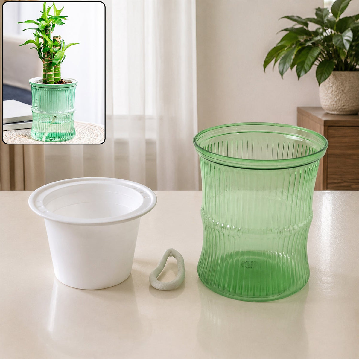 Bamboo-style self-watering plastic flower pot with cotton wick Main image