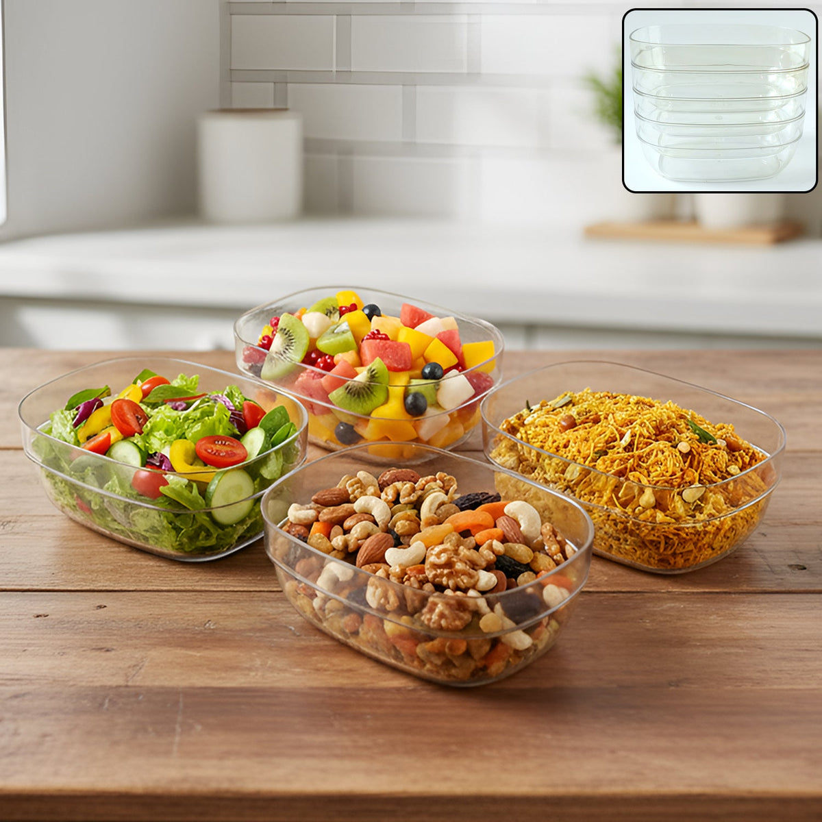 Stacked clear serving bowls in a durable multipurpose bowl set Main image