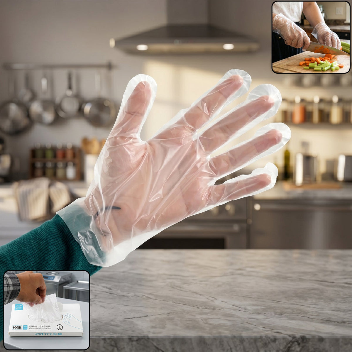 Disposable clear plastic gloves on hand demonstrating hygiene and protection Main image