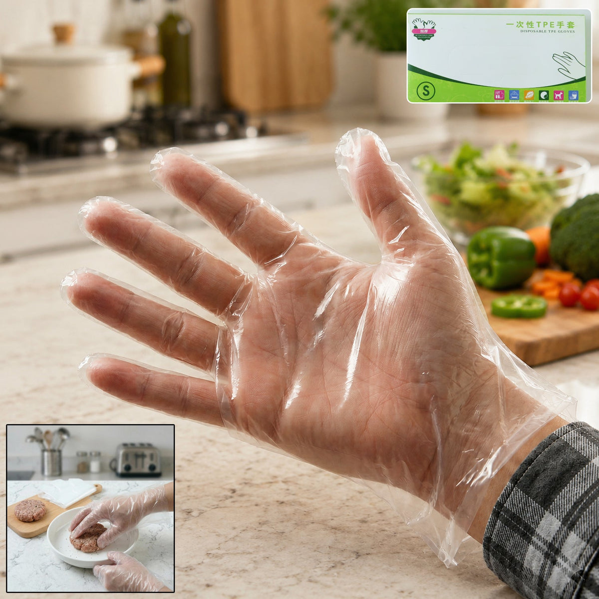 Disposable TPE gloves in a pack for kitchen and cleaning tasks Main image