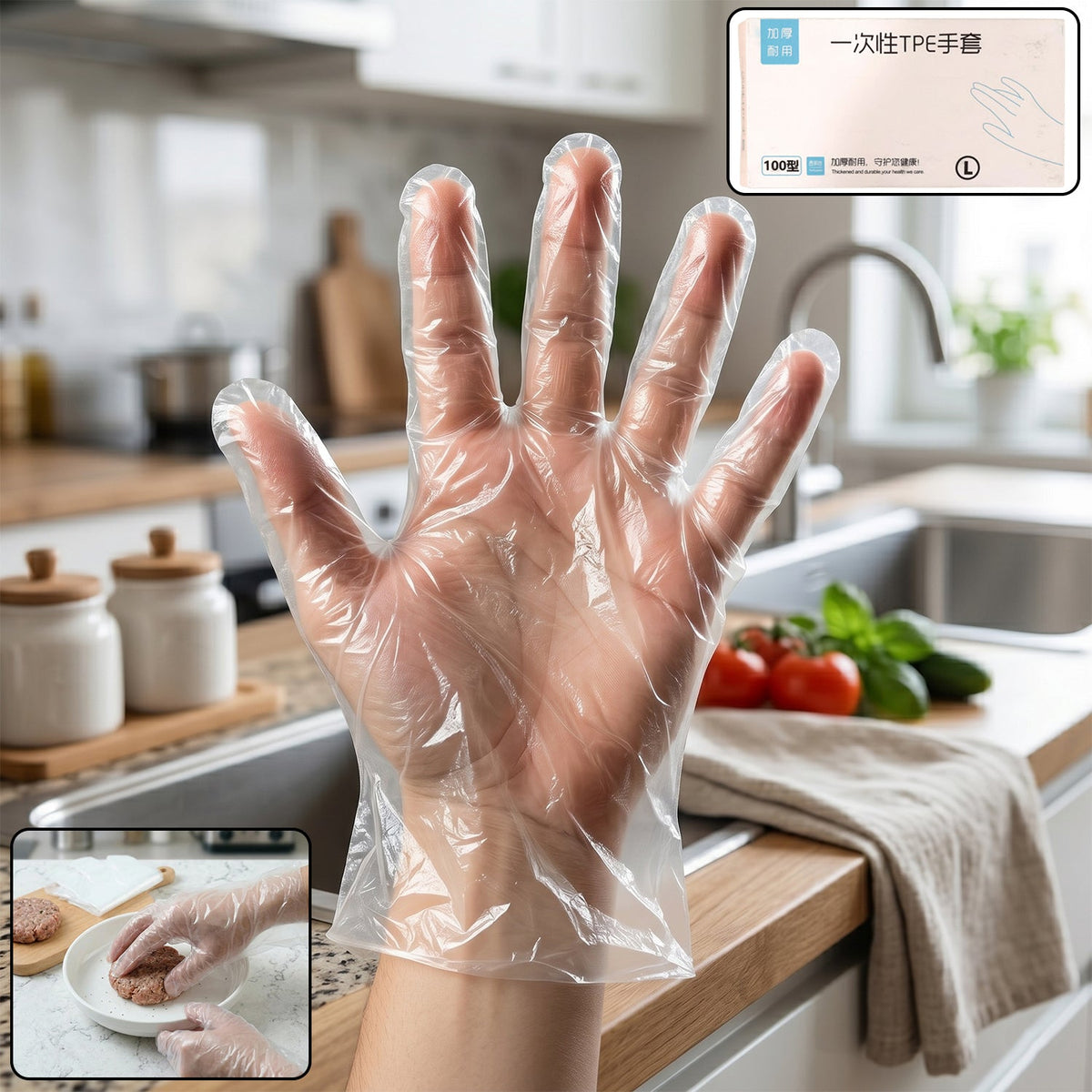 Person wearing large clear disposable plastic gloves for food prep and cleaning Main image