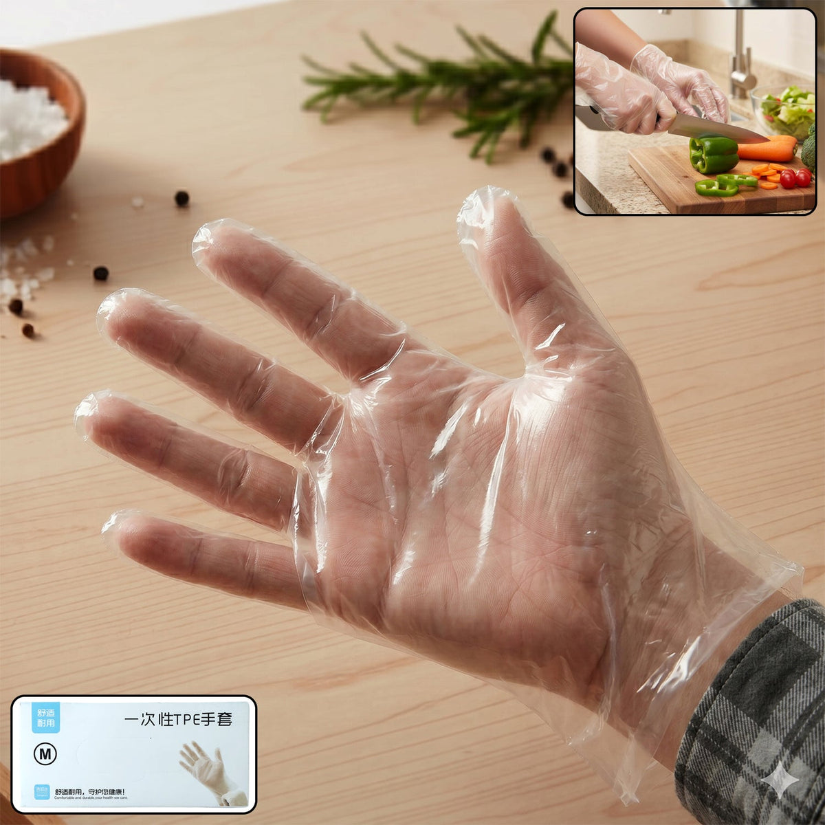 Disposable clear plastic gloves shown in a pack for kitchen and food handling Main image