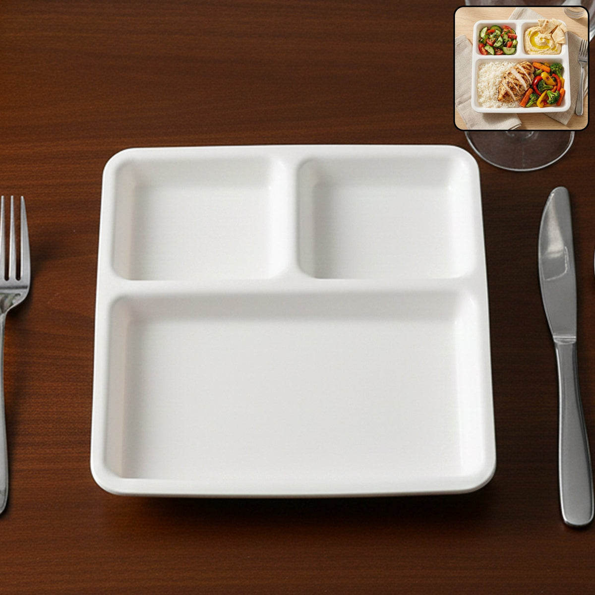 Durable plastic 3-compartment dinner plate for portion-controlled meals Main image