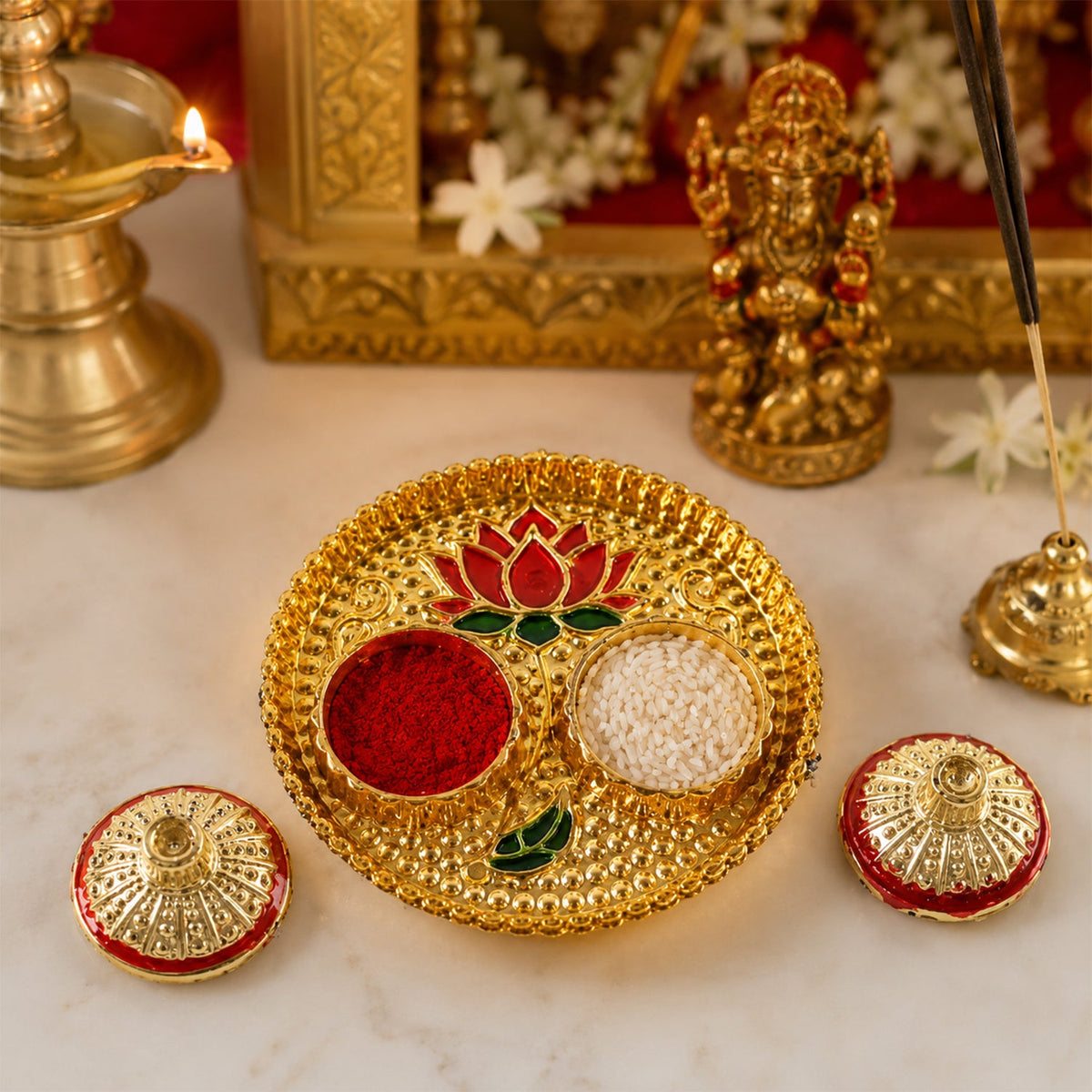 Round kankavati kumkum holder, decorative pooja thali with lotus design (1 pc) Main image
